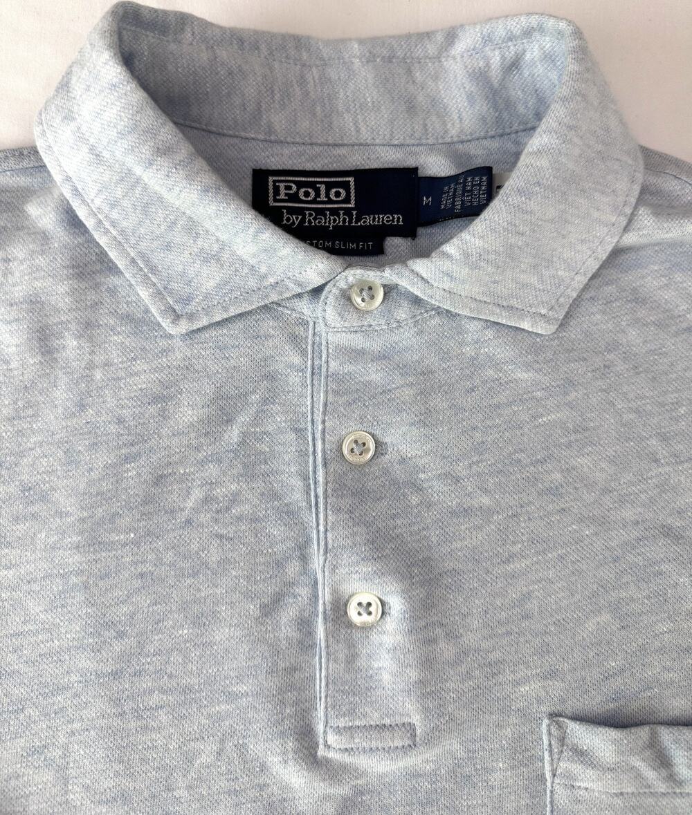 Polo By Ralph Lauren Custom Slim Fit Polo Shirt Mens Medium Blue Linen Blend